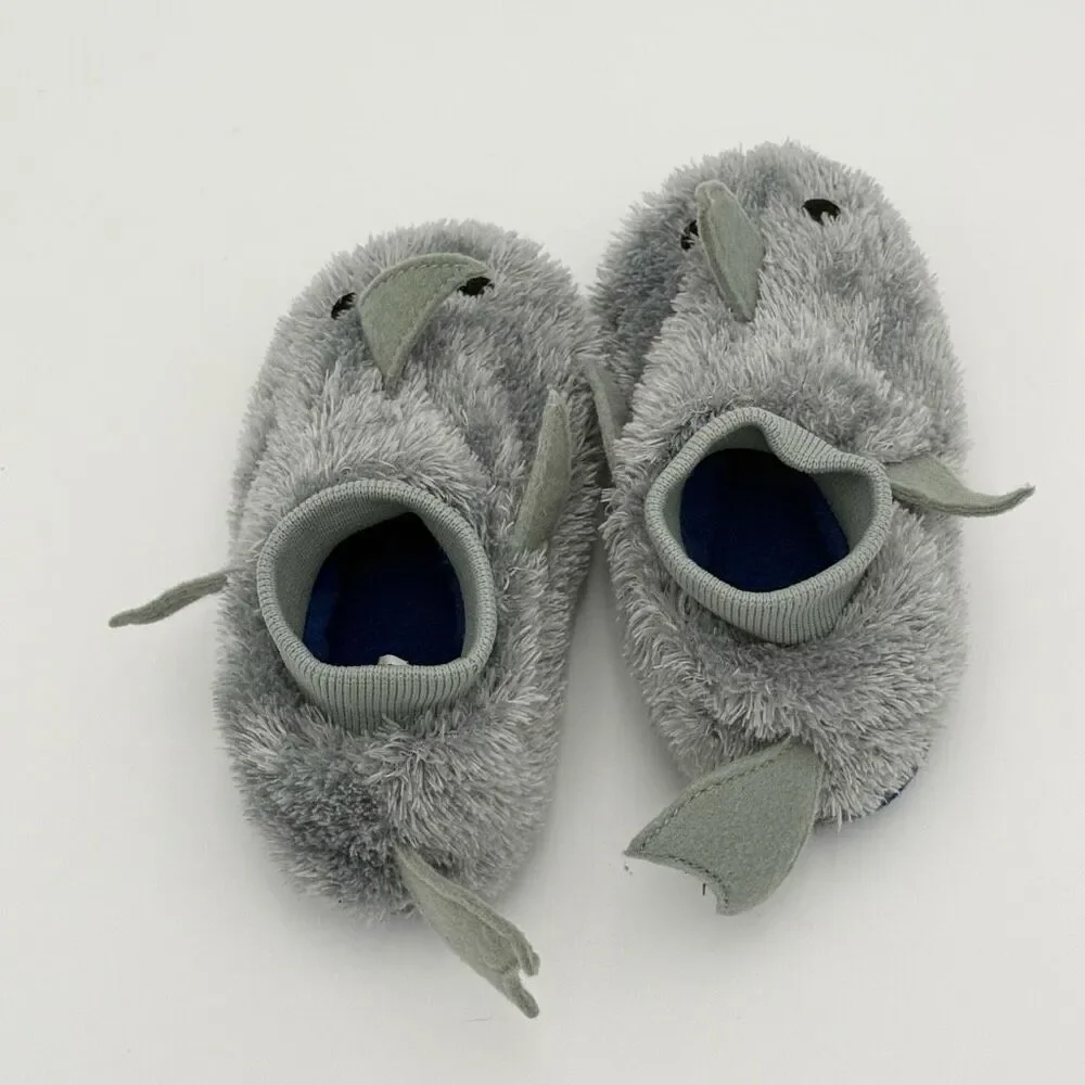 L.L. Bean Slip-On Fuzzy Gray Shark Slippers with Fins - US Toddler Size 7-8